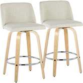 Toriano 26" Swivel Counter Stool in Natural Wood & Cream Fabric w/ Chrome Footrest (Set of 2)